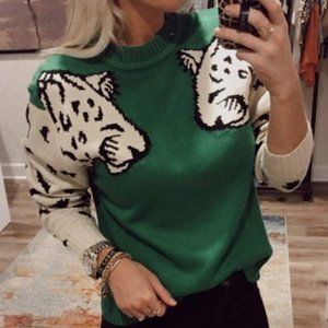 New Boho Green Leopard Animal Print Cozy Sweater